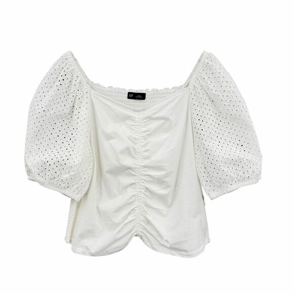 Gap NWT Sz L Crisp White Knit Eyelet Puff Sleeve Smocked Cropped Peasant Top - Picture 5 of 13